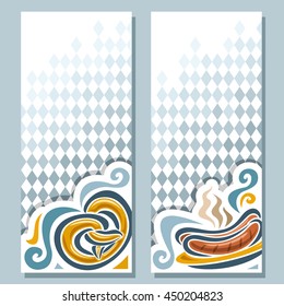 Vector vertical banner for Oktoberfest menu on background Bavarian pattern of white blue rhombus: pretzel and dish plate sausages on grill. Invitation ticket for oktoberfest party in Bayern Munich