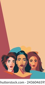 Vector vertical banner with place for text. Beautiful different women. Concept of woman, feminism, femininity, independence and equality. Women empowerment concept