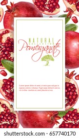 Vector vertical banner with pomegranate fruits on white background. Design for cosmetics, spa, pomegranate juice, health care products, perfume. Can be used as vegetarian menu or fruit background