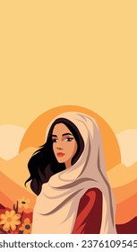 Vector vertical banner poster place for text. Beautiful woman in a field against the backdrop of sunset. World peace. Women's Day. Vector concept for freedom independence and women's rights