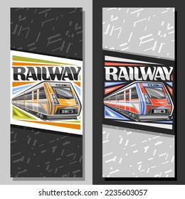 Vector vertical banner for Railway, decorative brochure with illustration of orange train rushing by railway, shipping coupon with unique brush lettering for word railway on grey abstract background