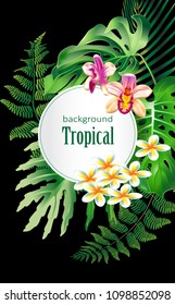 Vector vertical banner with realistic detailed tropical leaves and orchid flower. Colorful and bright. Design elements for cosmetics products, wellness, spa and floristic shop.