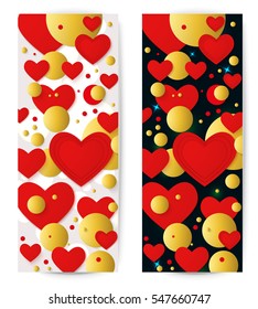 Vector vertical banner with red hearts and 3d balls. Abstract background for Valentines party poster design. Template of invitation, flyer, poster or greeting card.
