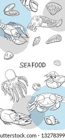 Vector vertical banner with seafood collection for cafe menu on white background. 