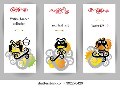 Vector vertical banner set  with ink owls sitting on swirl branches. Yellow blots on background as symbol of autumn, owl vignettes as symbol of education. Vector illustration. Isolated. Eps 10.