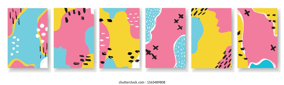Vector vertical banner set memphis colorful style. Modern design background. For social media mobile apps. Bright promo backgrounds with abstract hand drawn elements.