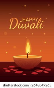Vector vertical banner with space for text Diwali holiday, light, warmth and victory of good over evil. Oil lamp with flame and petals on glowing background. For holiday cards, banners