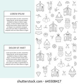 Vector vertical banner template suitable for summer beach products and services. Beach huts, bikinis, cocktails, fruits. For posters and cards, brochures, souvenirs, invitations, website designs.