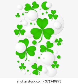 Vector vertical banner with trefoil and 3d balls. Abstract background for St. Patrick's day party poster design. Template of invitation, flyer, poster or greeting card. 