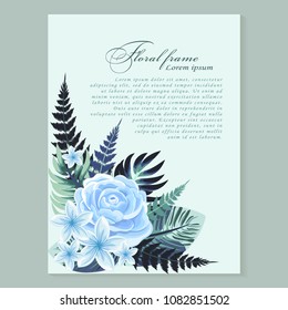 Vector vertical banner with tropical leaves and flowers on light blue  background.  Design for invitation card, wedding.