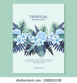 Vector vertical banner with tropical leaves and flowers on light blue  background.  Design for invitation card, wedding.