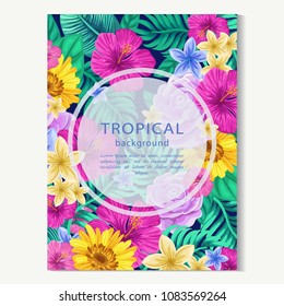 Vector vertical banner with tropical leaves and flowers. Design for invitation card, wedding.
