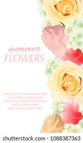 Vector vertical banner with violets, tulips and roses flowers. Modern floral pattern for tgreeting card or wedding invitation.