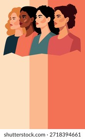 Vector vertical banner for Women's Day, March 8, four women of different cultures, nationalities in profile. Gender equality, women's empowerment. Pastel, warm tones. Use for social, women's projects