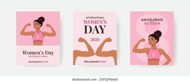 Vector vertical banners #AccelerateAction campaign, female raised hands, the Venus symbol, bold text, and the number eight in pink hues, emphasizing strength and power—International Women's Day 2025.