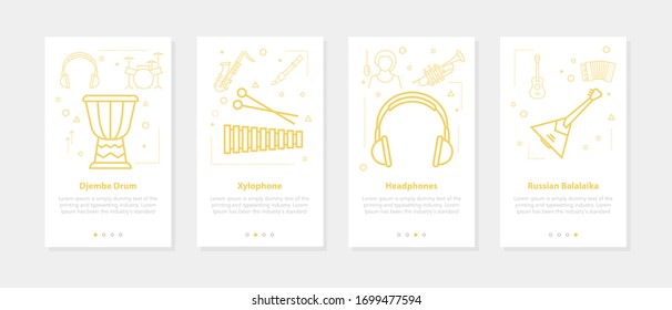 Vertikale Banner der Vektorillustration - Balalaika, Djembe, Kopfhörer, Xylophon