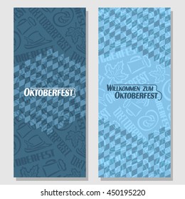 Vector vertical banners bavarian pattern flag oktoberfest. On Background blue rhombus diamond ticket invitation - symbols Oktoberfest: mug beer, pretzel, tyrolean hat, maple leaf. Flyer bavaria fest