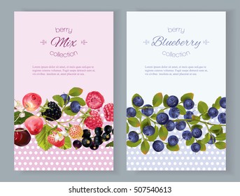 Vector vertical banners with berries. Design for cosmetics, sweets and candy, pastry and bakery filled with berries, beauty organic products, health care products, aromatherapy. With place for text