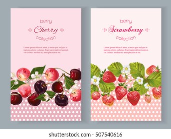 Vector vertical banners with berries. Design for cosmetics, sweets and candy, pastry and bakery filled with berries, beauty organic products, health care products, aromatherapy. With place for text