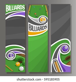 Vector Vertical Banners for Billiards: 3 cartoon template for title text on snooker theme, billiards table, 9, 4, 12, 1 numbers pool balls, abstract vertical banner for inscription on grey background.