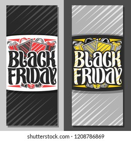 Vector vertical banners for Black Friday, flyer with red & yellow shopping bags, original brush typeface for words black friday, simple minimalistic concept for season sale on grey abstract background