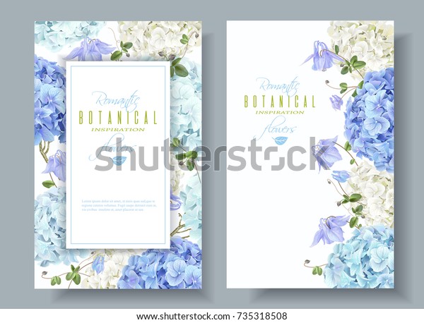 Vector vertical banners with blue and white\
hydrangea flowers on white background. Floral design for cosmetics,\
perfume, beauty care products. Can be used as greeting card,\
wedding illustration