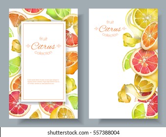 Vector vertical banners with bright colorful citrus fruits on white background. Design for sweets and pastries filled with citrus, dessert menu, health care products. With place for text