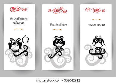 Vector vertical banners collection with abstract  ink owls sitting on swirl branch and space for text. Vintage ornamental owls. Vector illustration.