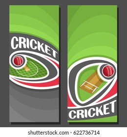 Vector Vertical Banners For Cricket Game: 2 Layouts For Title On Cricket Theme, Red Ball Flying On Curve Above Pitch Stadium, Abstract Simple Banner For Text On Green Background, Sports Invite Ticket.