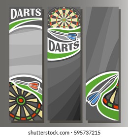 Vector Vertical Banners for Darts board: 3 cartoon template for title text on dart Dartboard theme, arrow throwing in target dartboard goal, abstract vertical banner for inscription on grey background