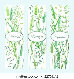 Vector vertical banners design template. Meadow grass silhouettes in bright green colors. Organic product, bio cosmetics and eco nature background. 