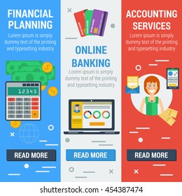 Vector vertical banners financial concept. Financial planning, online banking, accounting services in flat style. Web banners and elements