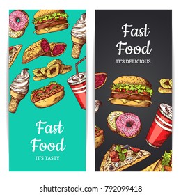Vector vertical banners or flyers with fast food, ice cream, burger, donuts isolated on plain backgrounds illustration