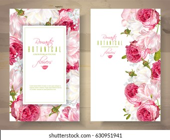 Vector vertical banners with garden roses and tulip flowers on white background. Romantic design for natural cosmetics, perfume, women products. Can be used as greeting card or wedding invitation