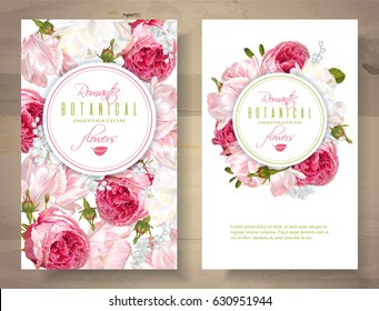 Vector vertical banners with garden roses and tulip flowers on white background. Romantic design for natural cosmetics, perfume, women products. Can be used as greeting card or wedding invitation