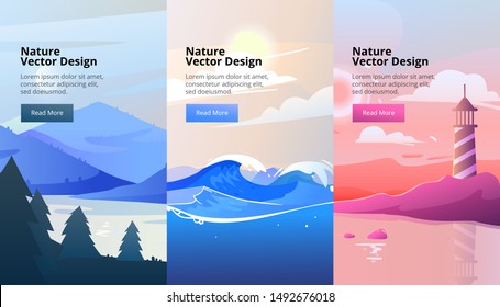 Vector vertical banners of gradient landscape with mountains and wood. Flat style. Abstract background of lighthouse on the coast, national park with a lake, stormy sea with waves. 