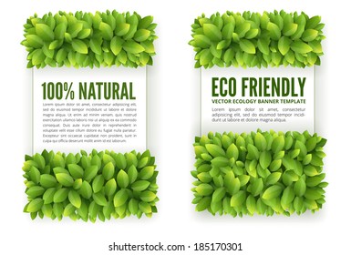 Vector vertical banners of green leaves templae on white background