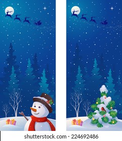 Vector vertical banners with greeting snowman, Santa Claus sleigh and snow covered Christmas landscape