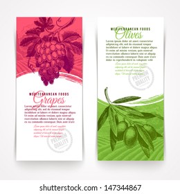 Vector vertical banners with hand drawn foods - grapes and olives