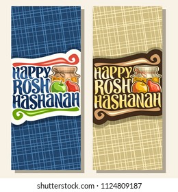 Vector vertical banners for jewish holiday Rosh Hashanah, on layout festive healthy food - autumn honey, green and yellow apple, sweet pomegranate, original brush typeface for word happy rosh hashanah