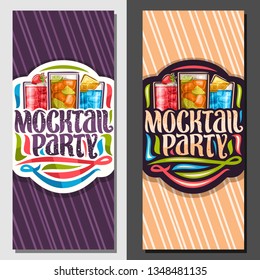 Vector vertical banners for Mocktail Party, 3 non alcoholic drinks, original lettering for words mocktail party and flourishes, alcohol free cocktails with fresh fruit and berry for fun beach holiday
