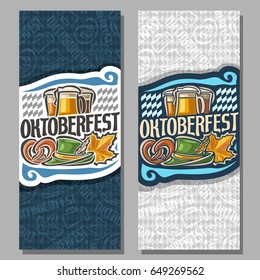 Vector vertical banners for Oktoberfest: 2 invite ticket on fest party on blue and grey rhombus background, art lettering title - oktoberfest, bavarian pretzel, green tyrolean hat, october maple leaf.