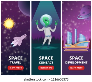 Vector vertical banners with pictures of space backgrounds with aliens and spaceships. Space development and travel galaxy illustration