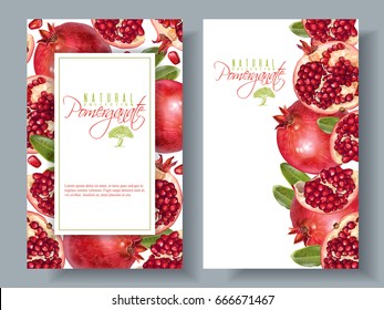 Vector vertical banners with pomegranate fruits on white background. Design for cosmetics, spa, pomegranate juice, health care products, perfume. Can be used as vegetarian menu or summer background