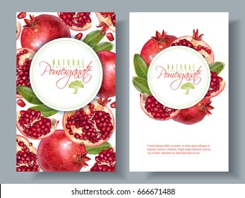 Vector vertical banners with pomegranate fruits on white background. Design for cosmetics, spa, pomegranate juice, health care products, perfume. Can be used as dessert menu or farmers shop background