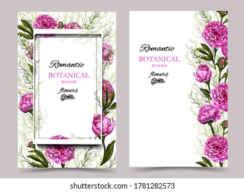 Vector vertical banners with realistic colors (peonies). hand-drawn floral realism in the doodling style. design for cosmetics, perfumes, postcards, invitations.