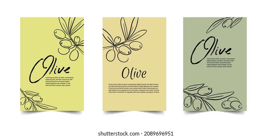Pancartas verticales vectoriales con aceitunas negras y verdes maduras sobre fondo blanco. Diseño de aceite de oliva, embalajes de aceitunas, cosméticos naturales, productos sanitarios. Con lugar para el texto