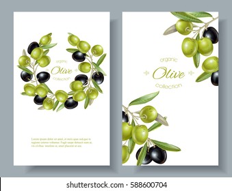 Pancartas verticales vectoriales con aceitunas negras y verdes maduras sobre fondo blanco. Diseño de aceite de oliva, embalajes de aceitunas, cosméticos naturales, productos sanitarios. Con lugar para texto