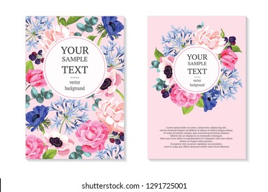 Vector vertical banners with roses and anemone flowers on pink background. Can be used as greeting card or wedding invitation.