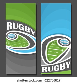 Vector vertical Banners for Rugby game: 2 layouts for title on rugby theme, oval ball flying on curve trajectory above field, abstract template banner for text on blue background, sports invite ticket